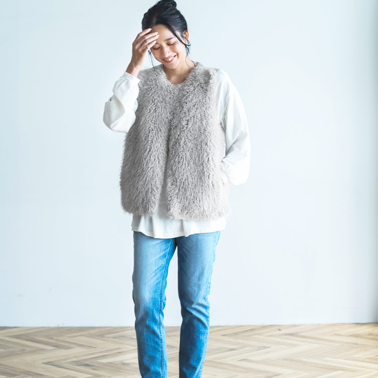 filomo ブランド フィローモ フェイクファー ファー ベスト レディース 女性 秋 冬 ファーベスト グレージュ きれいめ 大人っぽ