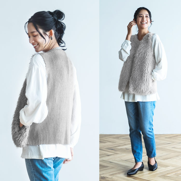 filomo ブランド フィローモ フェイクファー ファー ベスト レディース 女性 秋 冬 ファーベスト グレージュ 素材 ニット アクリルニット エコファー