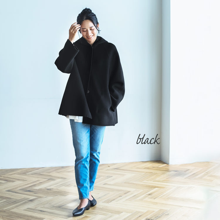 filomo ウール カシミヤ 一枚仕立て　フード付き コート アウター ミドル丈 黒 フォーマル ブラック シンプル ゆったり