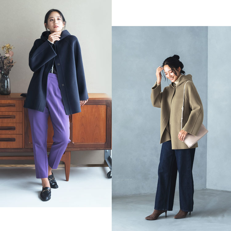filomo ウール カシミヤ 一枚仕立て　フード付き コート アウター キャメル ミッドナイトブルー ブルー