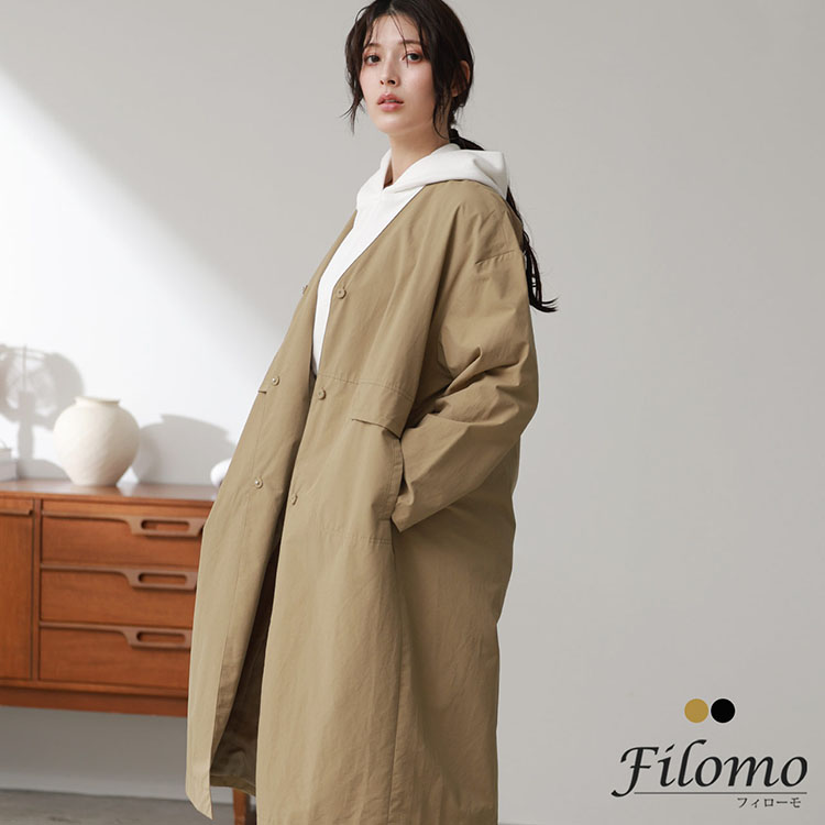 Filomo ノーカラーコート レディース ロング Vネック 撥水 ライト