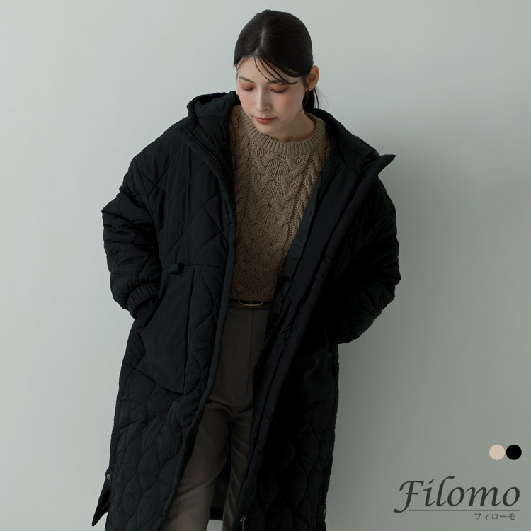 ブラック キルティング ロングコート フード付き キルティング 中綿コート レディース フード付き Filomo 5F (08000298)