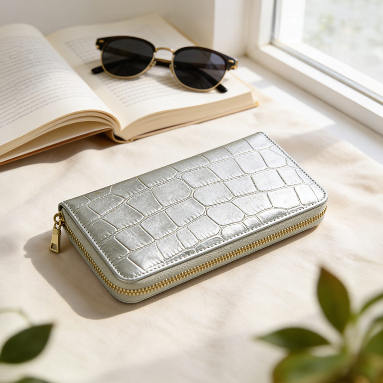 doob london クロコダイル型押し 牛革 長財布 レディース シルバー