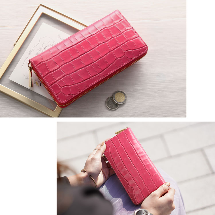 doob london クロコダイル型押し 牛革 長財布 レディース マゼンタピンク
