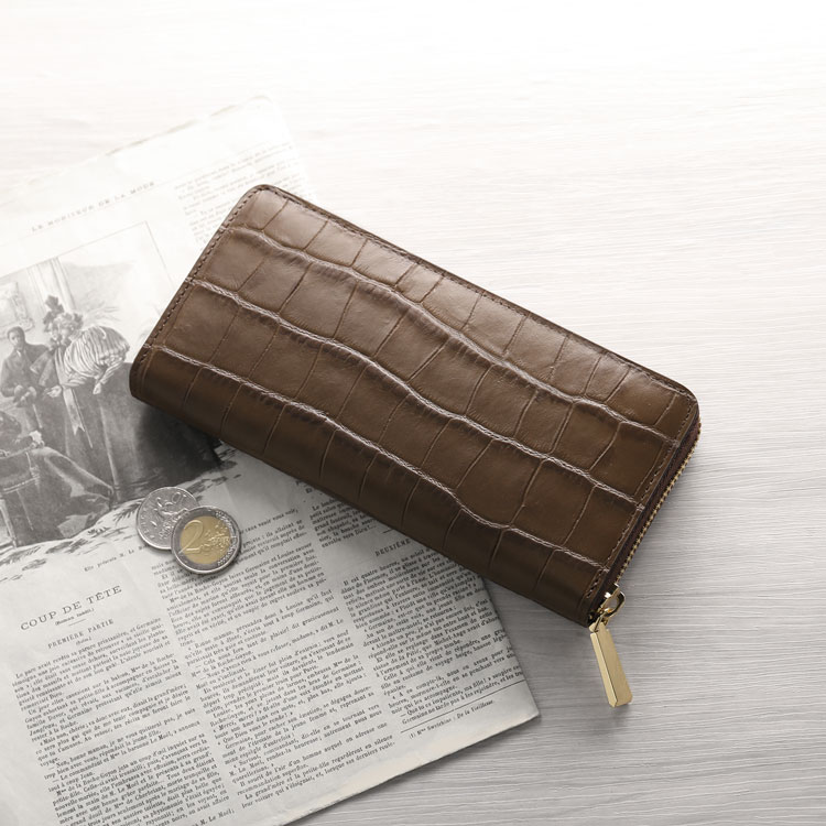 doob london クロコダイル型押し 牛革 長財布 メンズ ブラウン