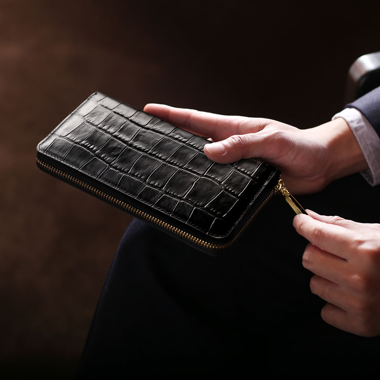 doob london クロコダイル型押し 牛革 長財布 メンズ ブラック