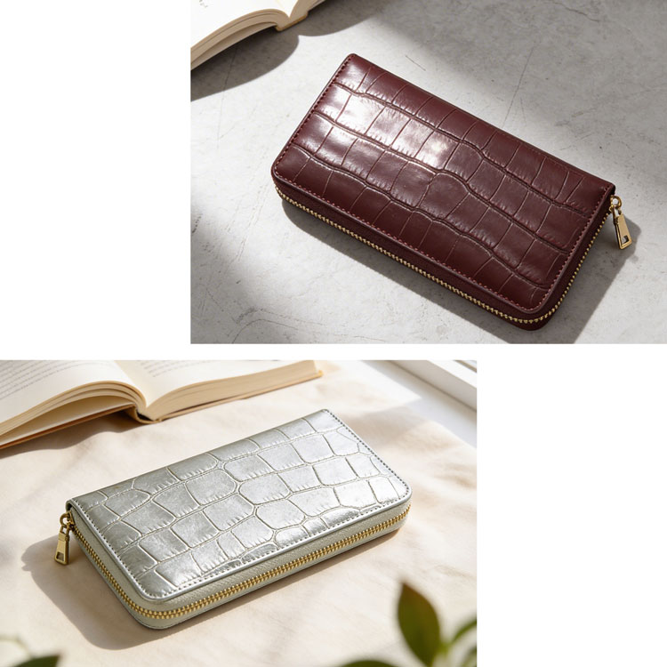 doob london クロコダイル型押し 牛革 長財布 メンズ ワイン シルバー