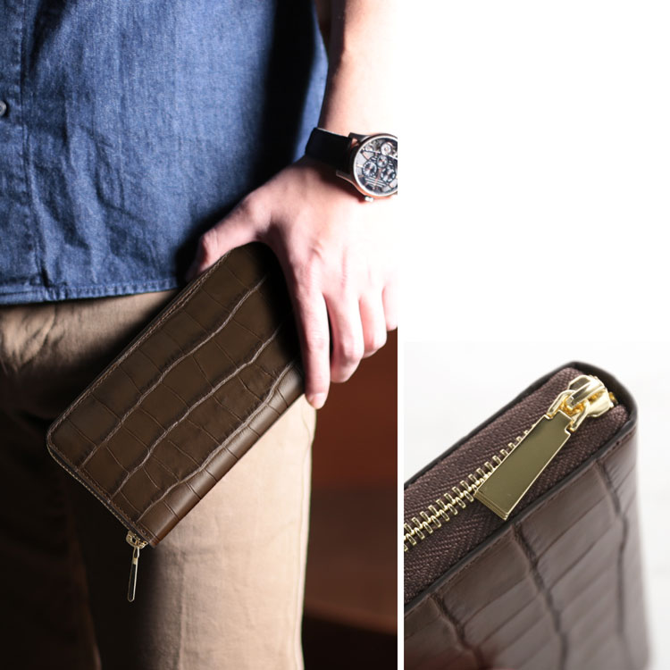 doob london クロコダイル型押し 牛革 長財布 メンズ ブラウン