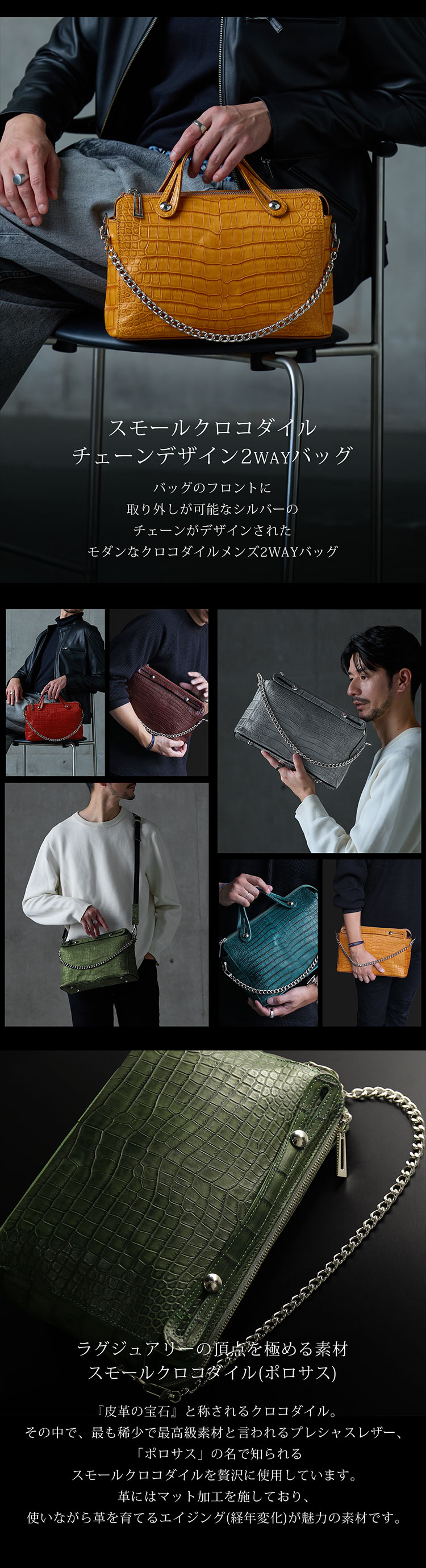 スモールクロコダイルチェーンメンズ2wayバッグ