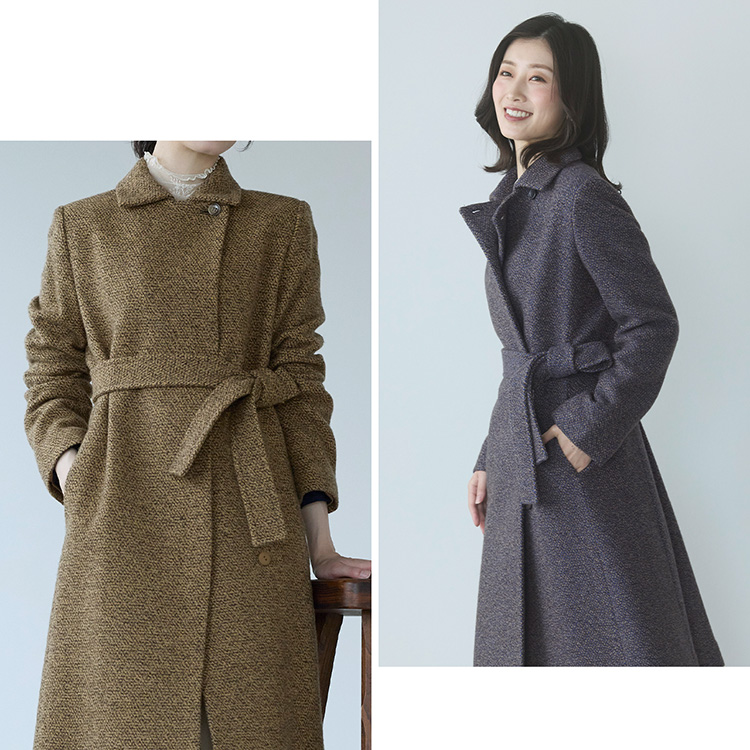 ステンカラーコート ウール混 レディース ロング アウター 秋 冬 ジャガード