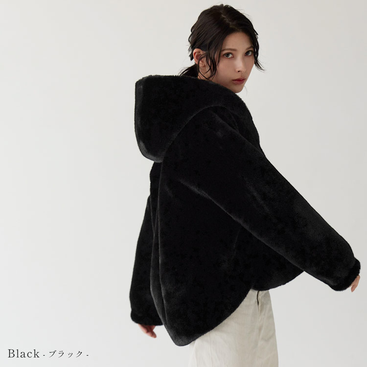 フェイクファージャケット ミンク調 ミンク風 フード付き ファージャケット エコファー ブラック