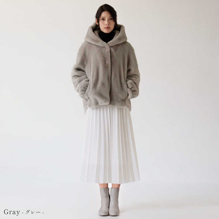 フェイクファージャケット ミンク調 ミンク風 フード付き ファージャケット エコファー グレー