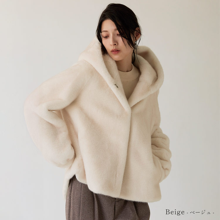 フェイクファージャケット ミンク調 ミンク風 フード付き ファージャケット エコファー ベージュ