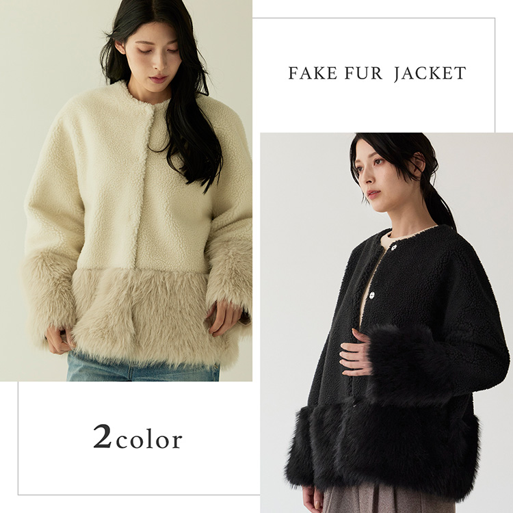 フェイクファージャケット ムートン調 ムートン風 ノーカラー ファージャケット エコファー