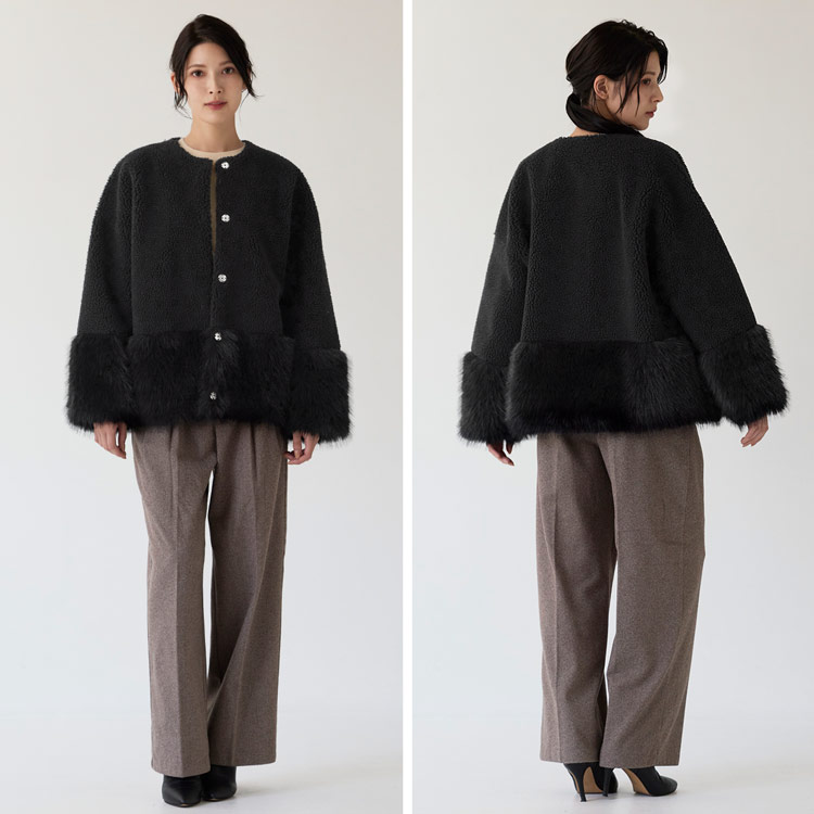 フェイクファージャケット ムートン調 ムートン風 ノーカラー ファージャケット エコファー