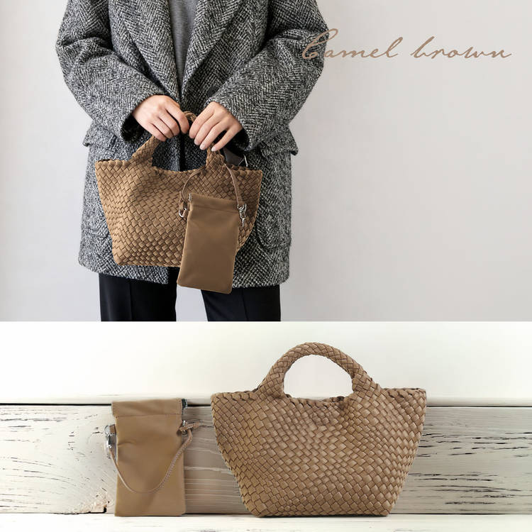 ミエノ編込みトートバッグ大きめ キャメルブラウン