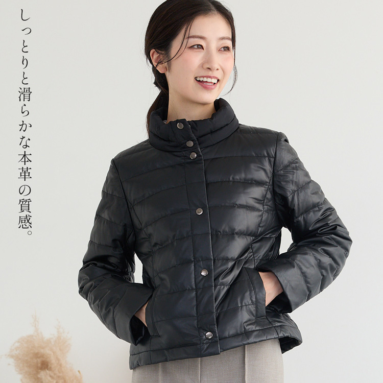 ダウンジャケット ダウンコート 2WAY レディース 本革 羊革 ラムレザー スタンドカラー 