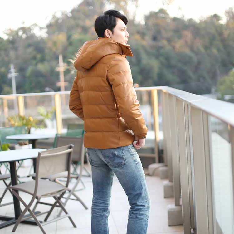 ラム レザー ダウン ジャケット メンズ フード付き