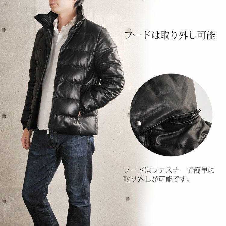 ラム レザー ダウン ジャケット メンズ フード付き