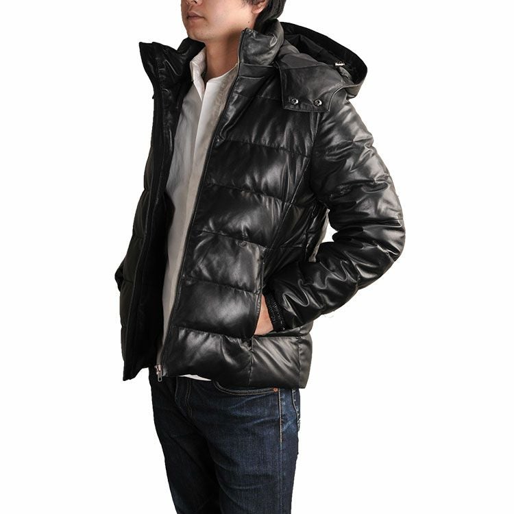 ラム レザー ダウン ジャケット メンズ フード付き
