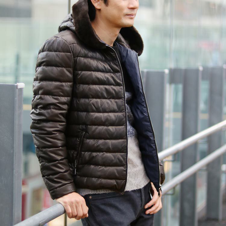 OLIVIERI/オリヴィエリ ラムレザー メンズ ダウンジャケット ムートン