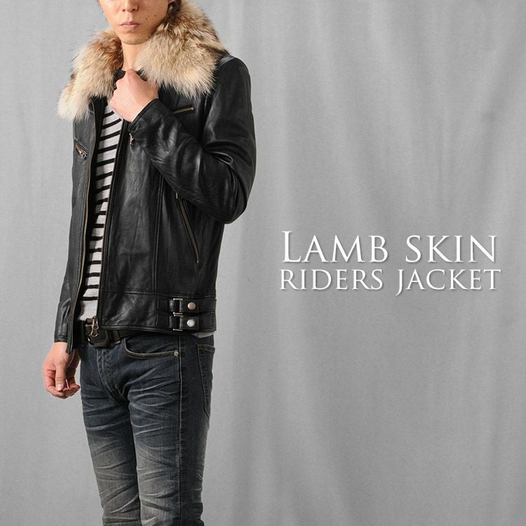 ラム レザージャケット フード付 ラクーン トリミング メンズ ブラック