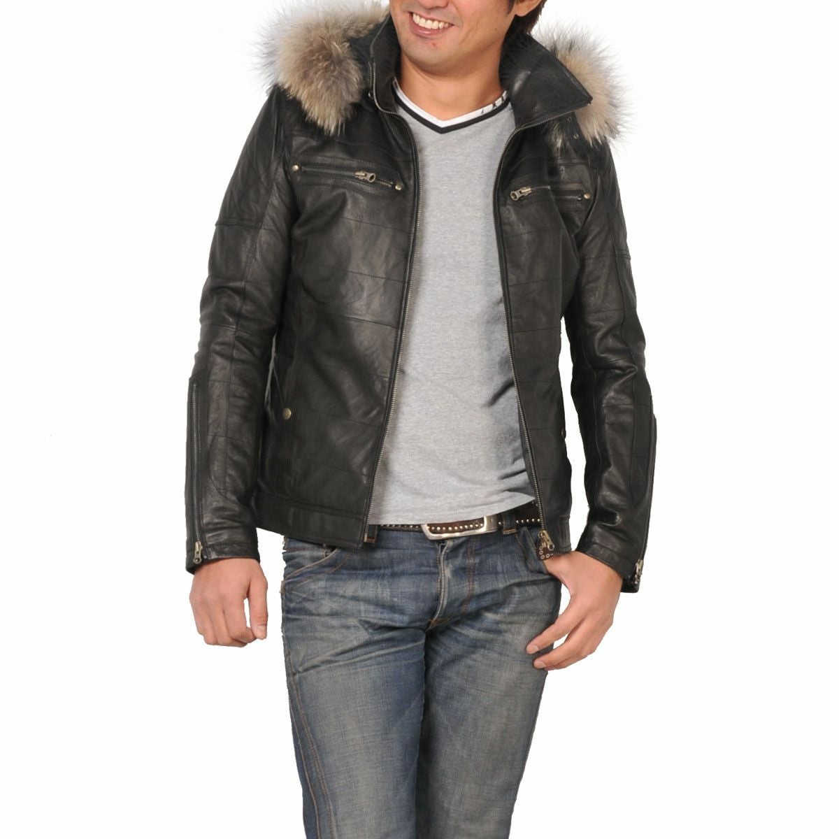 ラム レザージャケット フード付 ラクーン トリミング メンズ ブラック