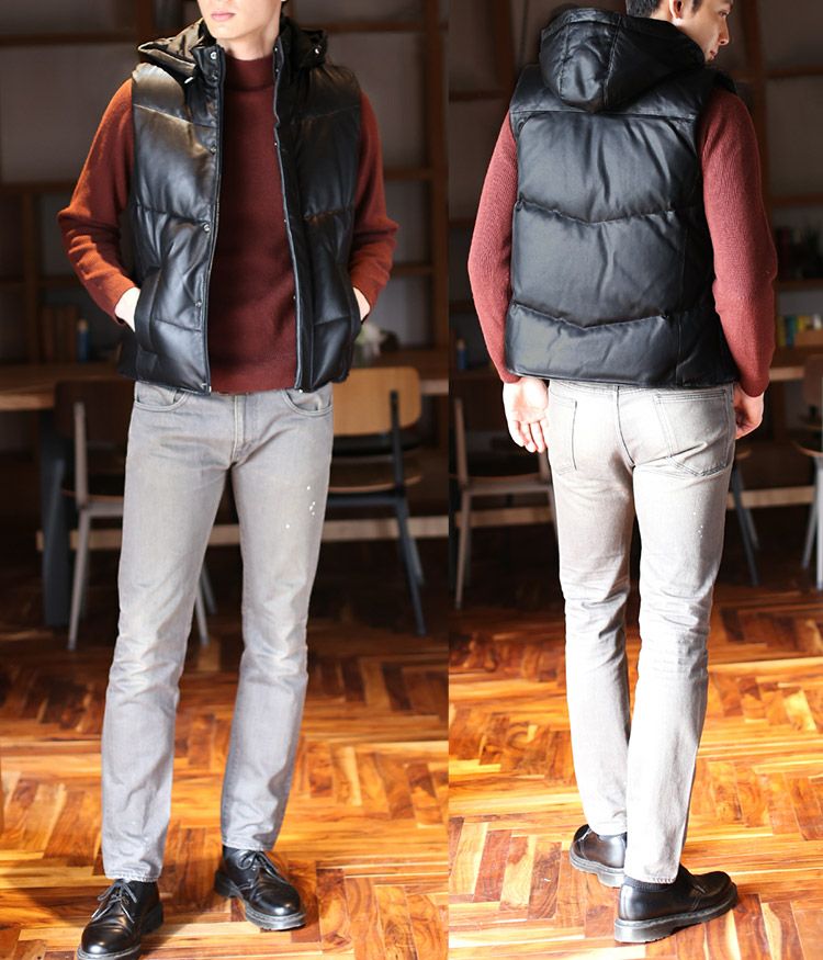 ラム レザー ダウン ベスト メンズ フード付き 秋/冬 全3色 7F