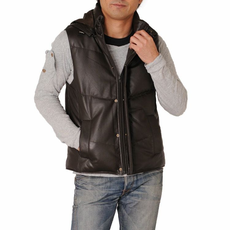 ラム レザー ダウン ベスト メンズ フード付き 秋/冬 全3色 7F