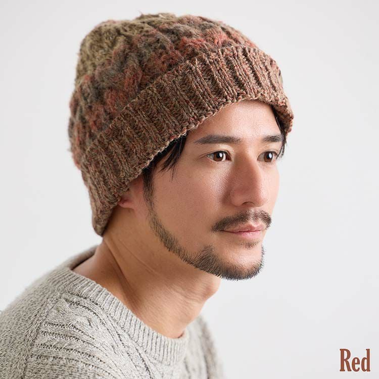 ニット帽イタリア糸ポンポン付き帽子メンズ厚手レッド