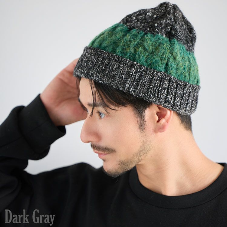 ニット帽イタリア糸ポンポン付き帽子メンズ厚手ダークグレー
