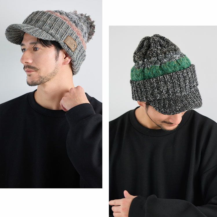 つば付き ニット帽 ポンポン付き 2WAY メンズ イタリア製糸使用