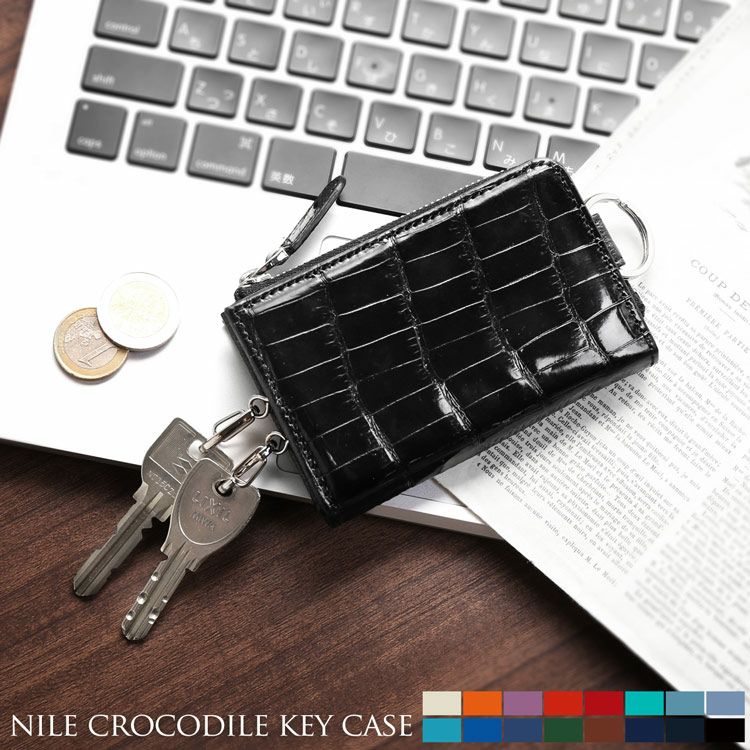 クロコダイル キーケース シャイニング 加工 小銭入れ 付き ブラック 4FA