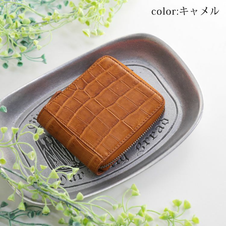 クロコダイルラウンドファスナー二つ折り財布メンズマットコンパクト財布(06001680-mens-1)