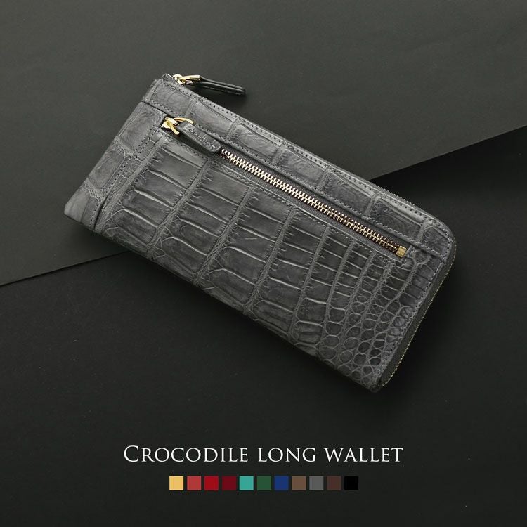 クロコダイル長財布メンズマットL字ファスナー本革ワニ革黄色金運プレゼント母女性ギフト