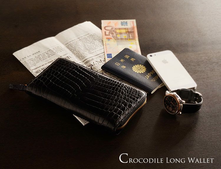 クロコダイル フルオープンラウンドファスナー メンズ 長財布/ 一枚革