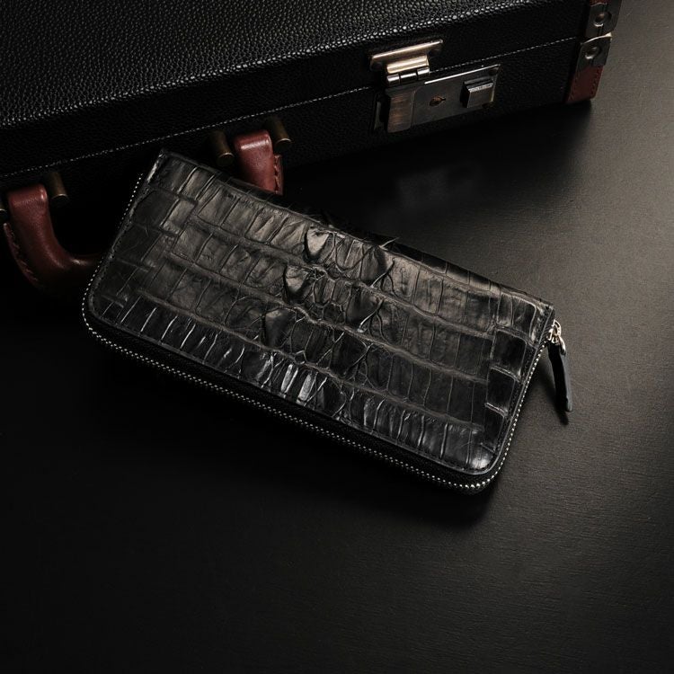 クロコダイルラウンドファスナー長財布ホーンバック背面ファスナーポケットつきレディースワイン/ブラック背ワニ本革(No.06001372r)