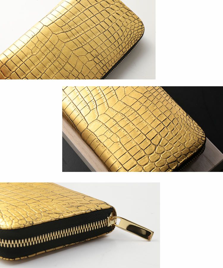 クロコダイル ラウンドファスナー 長財布 メンズ 金箔 KAZARIHAKU 日本