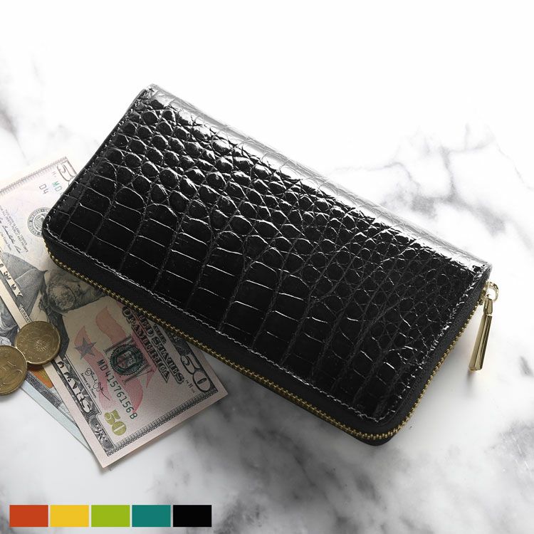 クロコダイル 長財布 メンズ ラウンドファスナー シャイニング 加工