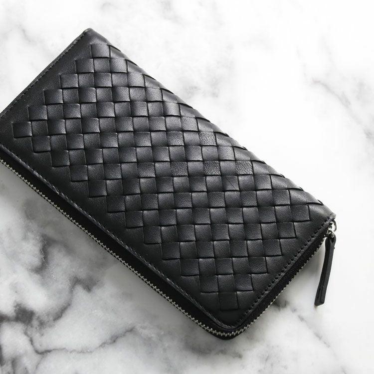 ラムレザー ラムスキン 長財布 イントレチャート 編み込み ラウンドファスナー 財布 本革 長財布 レディース イントレチャート ラム レザー メッシュ