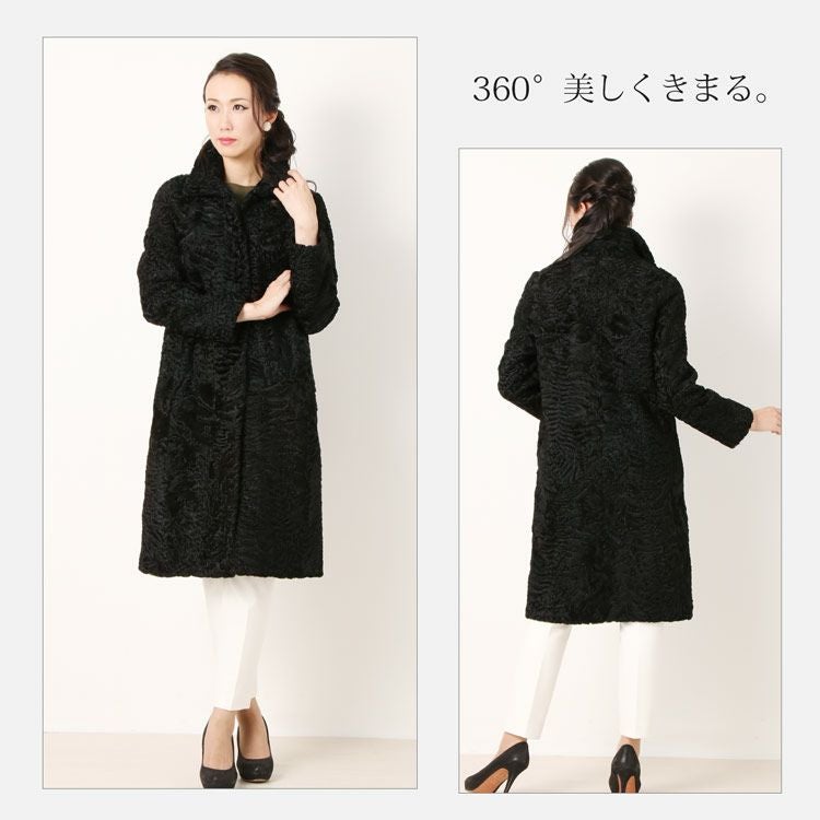 カラクルラム ファー ロング コート レディース ブラック M/L 100cm丈 7F