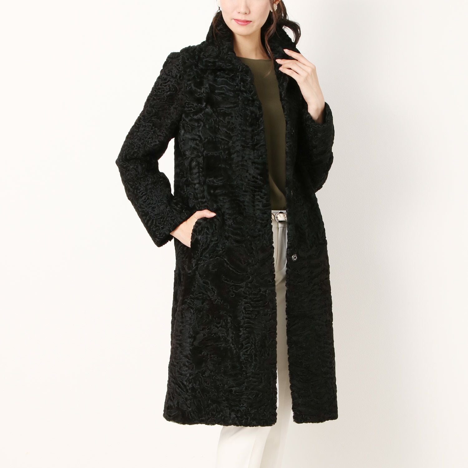 カラクルラム ファー ロング コート レディース ブラック M/L 100cm丈 7F