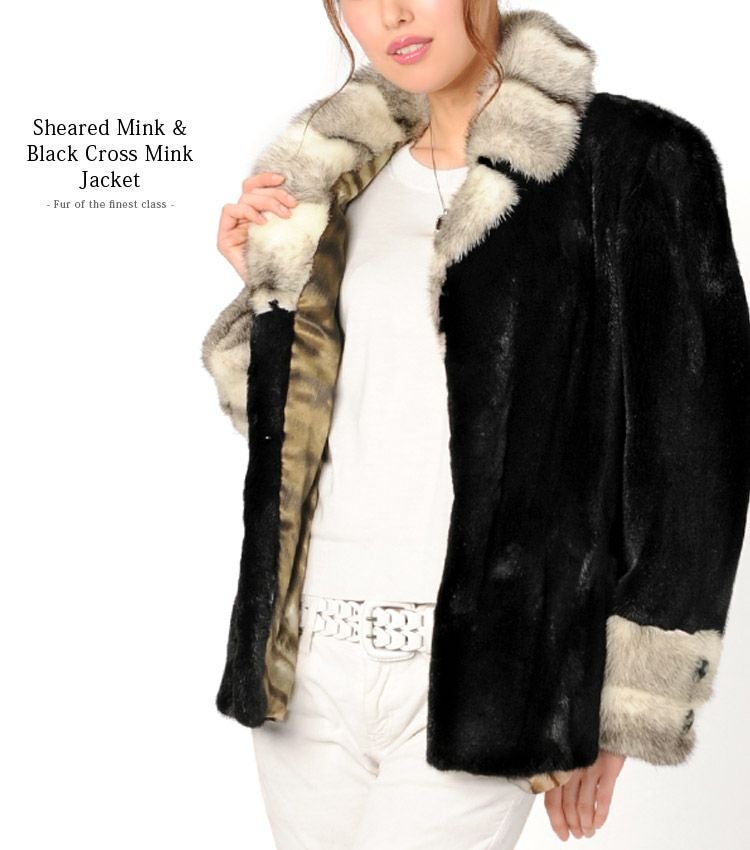 シェアード加工 ミンク ジャケット ブラッククロスミンク トリミング