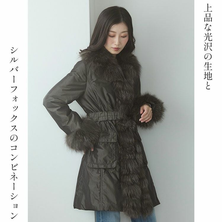 ファー付きコートコートフォックストリミングベルト付きレディース中綿入りシルバーフォックス(02000073r)