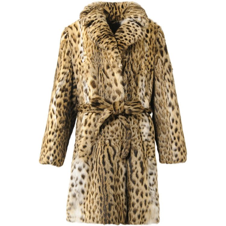 レオパード キャット コート 毛皮 テーラーカラー ベルト 付き 着丈