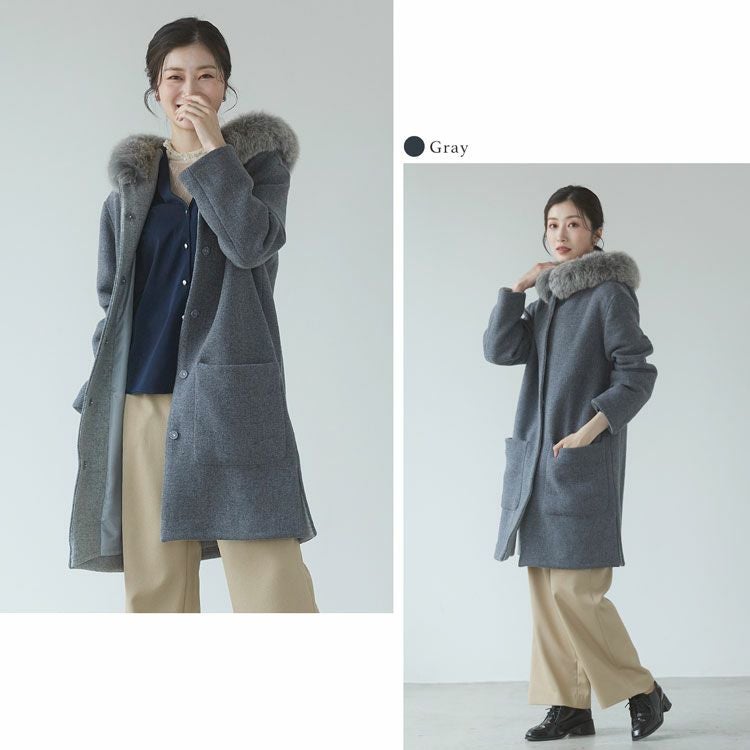 日本製 ロングコート タスマニアリバーウール フォックスファーフード