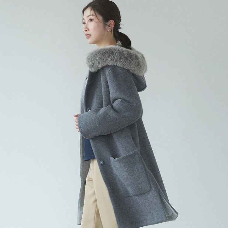 日本製 ロングコート タスマニアリバーウール フォックスファーフード