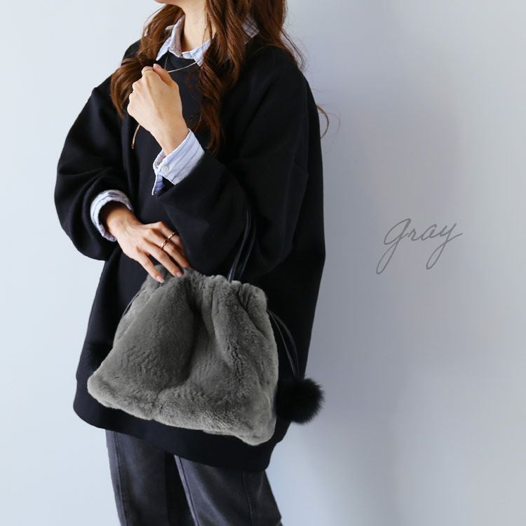 レッキスファー 巾着バッグ フォックスポンポン付き レディース