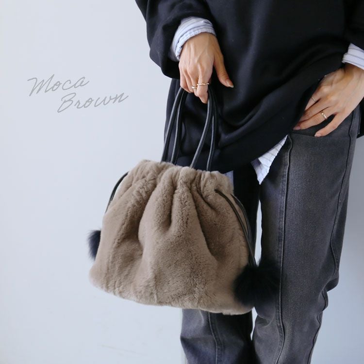 レッキスファー 巾着バッグ フォックスポンポン付き レディース