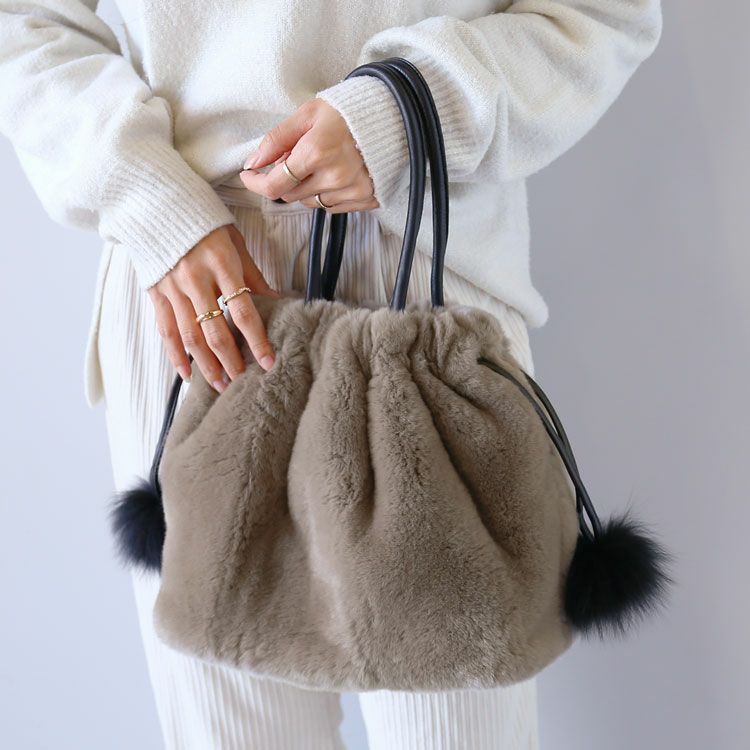 レッキスファー 巾着バッグ フォックスポンポン付き レディース